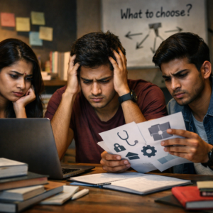 Three confused students struggling to choose a career, looking stressed over career options with a laptop and papers showing medical, tech, and education icons